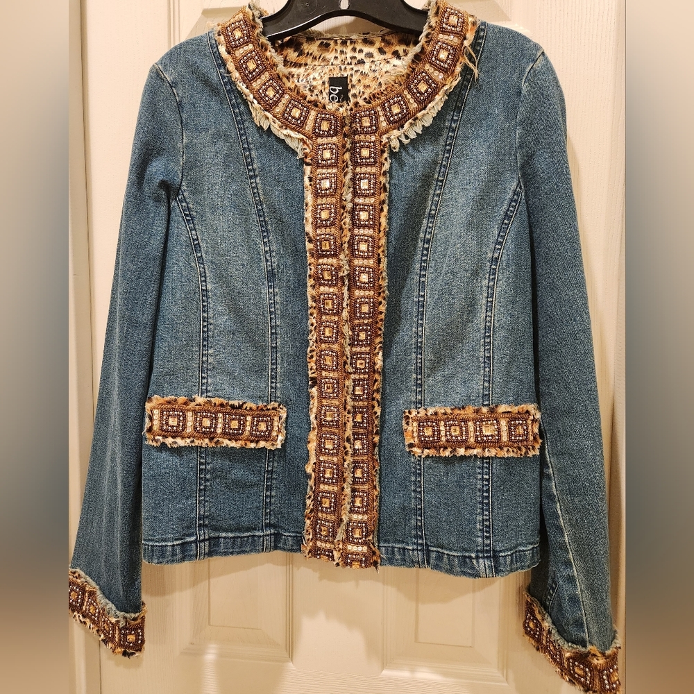 Denim Jacket with Beaded Leopard Trim